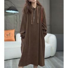 欧洲站高档轻奢连帽连衣裙胖mm大码遮肉宽松过膝裙子2025秋冬新