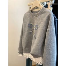 批发CVC华棉复合真超 胖mm大码加绒韩版钉珠蝴蝶结拼蕾丝花边卫衣<b class='q'>女</b>冬