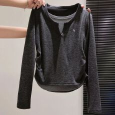 批发网红韩版假两件长袖t恤女秋冬新款高级感显瘦打底衫短款上衣<b class='q'>大码</b>