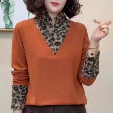 批发时尚豹纹领半高领<b class='q'>长袖</b>遮肚显瘦妈妈装上衣拼接印花保暖打底衫大码