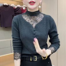 批发时尚蕾丝<b class='q'>网纱</b>拼接半高领长袖打底衫遮肚减龄气质<b class='q'>上衣</b>保暖衫女大码
