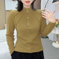 批发时尚半高领纽扣拼接打底衫秋冬新款遮肚妈妈装洋气<b class='q'>长袖</b>上衣女大码