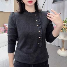 批发半高领纽扣木耳领打底衫秋冬新款时尚大码<b class='q'>长袖</b>妈妈装气质<b class='q'>T</b><b class='q'>恤</b>上衣