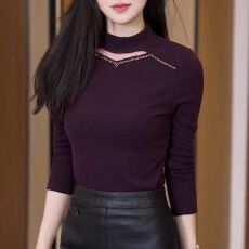 批发秋冬新款德绒半高领打底衫女大码重工烫钻<b class='q'>网纱</b>T恤气质保暖<b class='q'>上衣</b>潮