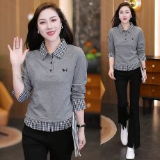 批发秋冬新款polo领格子拼接<b class='q'>长袖</b>打底衫时尚女大码假两件上衣洋气上衣
