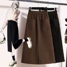 毛呢半身裙女大码秋冬季加绒松紧显瘦洋气高腰中长款A字裙开叉裙