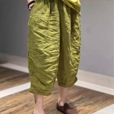 批发外贸2026夏复古宽松休闲轻薄透气纯色做旧炒色纯棉麻七分<b class='q'>哈伦</b>裤女