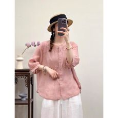 批发2026新款韩版宽松显瘦棉麻圆领七分袖刺绣<b class='q'>衬衫</b>女休闲纯色减龄上衣