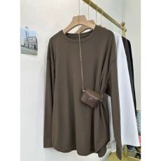 批发40支92棉搭配鲨鱼裤显瘦长袖T恤女春秋<b class='q'>大码</b>宽松中长款打底衫上衣