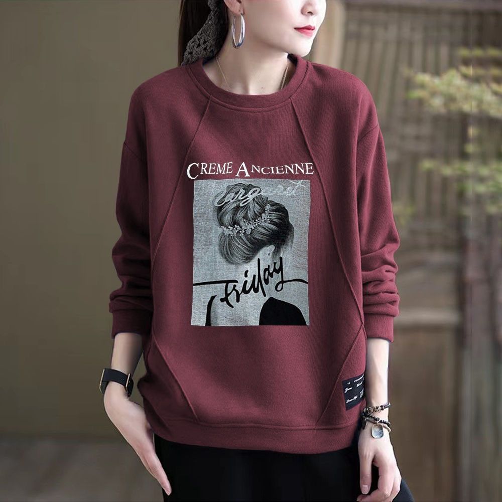 MY16960# 新款套头卫衣女大码圆领长袖胖mm韩版宽松印花洋气体恤潮女...