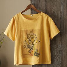批发棉麻体恤女短袖2026夏装新款女式上衣宽松复古印花大码<b class='q'>女装</b>T恤潮