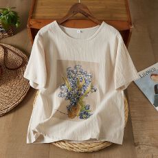 批发棉麻体恤女短袖2026夏装新款女式上衣宽松复古印花大码<b class='q'>女装</b>T恤潮