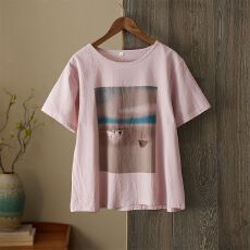 批发外贸<b class='q'>女装</b>尾货***印花棉麻短袖T恤夏季宽松休闲显瘦薄款套头上衣