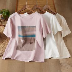 批发外贸<b class='q'>女装</b>尾货***印花棉麻短袖T恤夏季宽松休闲显瘦薄款套头上衣