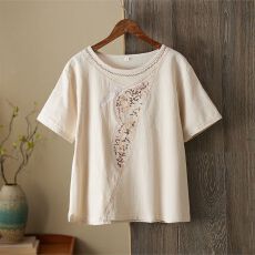 批发民族中式棉麻绣花衬衫夏季新款轻薄T恤宽松百搭茶服<b class='q'>妈妈</b>复古上衣