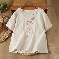 批发夏季民族中式棉麻绣花衬衫轻薄圆领T恤宽松百搭茶服<b class='q'>妈妈</b>复古上衣