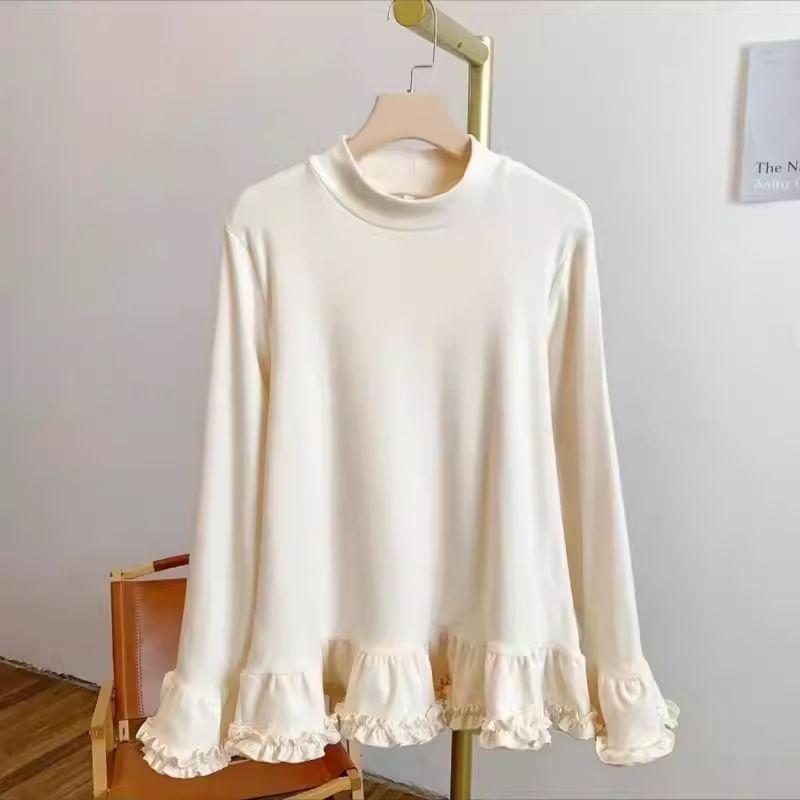 MY16964# 新款韩版木耳花边宽松显瘦圆领长袖T恤女百搭休闲上衣德绒打...