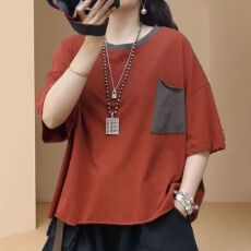 批发新款纯棉女士<b class='q'>t</b><b class='q'>恤</b>短<b class='q'>袖</b>宽松显瘦休闲风小口袋撞色五分<b class='q'>袖</b>夏大码女装