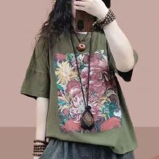 批发夏季新款上衣女纯棉休闲宽松大码<b class='q'>妈妈装</b>圆领短袖牡丹花印花T恤女