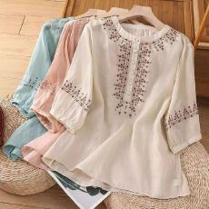 批发复古棉麻衬衫女五分袖春夏新款亚麻小衫宽松遮肚上衣<b class='q'>妈妈</b>刺绣衬衣