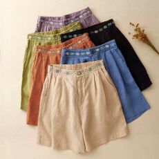 批发真排门 棉麻短款西裤文艺国风高腰绣花短裤女宽松百搭直筒五分裤