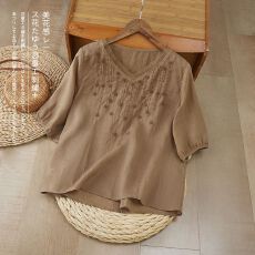 批发文艺百搭V领100%纯苎麻T恤女夏季新款刺绣<b class='q'>欧根纱</b>拼接时尚体恤<b class='q'>上衣</b>