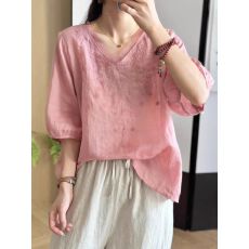 批发文艺百搭V领100%纯苎麻T恤女夏季新款刺绣<b class='q'>欧根纱</b>拼接时尚体恤<b class='q'>上衣</b>