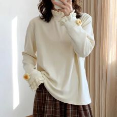 批发韩版磨毛德绒双层木耳边立领上衣女2026个性<b class='q'>甜美</b>修身长袖打底大码
