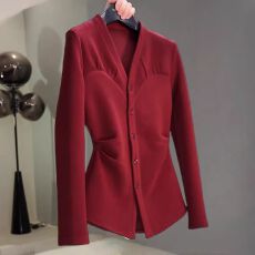 批发红色褶皱收腰V领打底<b class='q'>开衫</b>女2026秋冬新款高级感时尚气质好看上衣