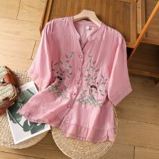 批发2026<b class='q'>夏</b>新款新中式国风刺绣棉麻上衣衬衫女七分袖衬衣漂亮别致上衣