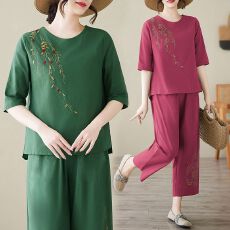 批发棉麻复古刺绣套装女夏季套头时尚衬衫轻薄<b class='q'>九分</b>裤显瘦妈妈两件套装