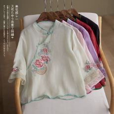 批发新款复古棉麻盘扣刺绣茶服民族<b class='q'>夏</b>季中式文艺斜襟七分国风上衣衬衫