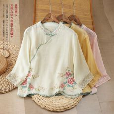 批发<b class='q'>夏</b>季国风棉麻新款复古中式刺绣钩花斜襟民族衬衫文艺盘扣茶服上衣