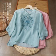 批发新中式民族风棉麻绣花小衫上衣女2026新款<b class='q'>夏</b>季国风盘扣茶服薄衬衫