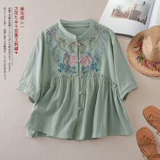 批发民族棉麻刺绣衬衫新款2026复古中式盘扣<b class='q'>夏</b>季文艺宽松气质开衫上衣