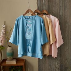 批发中国风复古苎麻衬衫女<b class='q'>夏</b>季2026新款中式圆领新品上衣斜襟绣花茶服