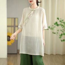 批发复古大码新中式显瘦减龄遮肉夏季盘扣五分<b class='q'>袖</b><b class='q'>T</b><b class='q'>恤</b>苎麻中长款上衣