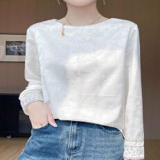 批发2026春秋新款<b class='q'>气质</b>奢华缎面圆领<b class='q'>衬衫</b>女新中式素雅提花休闲打底<b class='q'>衬衣</b>