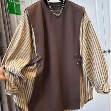 批发欧货韩系<b class='q'>圆领</b>条纹长袖拼接纽扣卫衣女春秋新款宽松大版时尚上衣