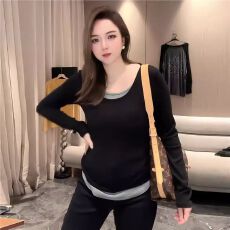批发欧货撞色假两件长袖<b class='q'>t</b><b class='q'>恤</b>女春秋新款修身显瘦<b class='q'>圆领</b>洋气内搭打底上衣