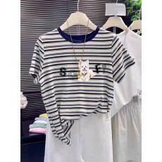 批发韩系小众正肩小狗印花拼色条纹短袖T恤女<b class='q'>夏</b>装2026减龄上衣潮大码