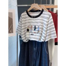 批发韩系撞色刺绣条纹短袖T恤女2026<b class='q'>夏</b>正肩别致上衣大码