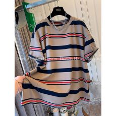 批发原版韩系独特气质撞色条纹短袖T恤宽松洋气上衣女大码<b class='q'>夏</b>装26新款