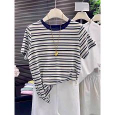 批发韩系领口拼色撞色条纹短袖T恤女2026<b class='q'>夏</b>新款正肩别致减龄上衣大码
