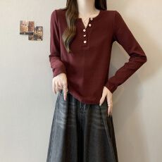 2026春季薄款胖mm大码韩版设计感小众纽扣别致外穿长袖t恤女上衣