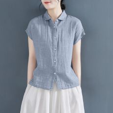 外贸高端设计感宽松小飞袖棉麻衬衫女夏季文艺大码气质短袖上衣