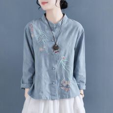 批发中国风刺绣<b class='q'>棉麻</b>衬衫复古长袖立领茶服宽松打底亚麻<b class='q'>上衣</b>2026春秋装