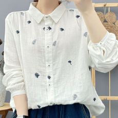批发双层棉纱长袖<b class='q'>衬衫</b>女森系文艺小清新树叶刺绣柔软亲肤透气全棉上衣