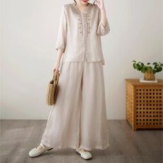 批发洋气时尚休闲套装<b class='q'>女</b>士夏季新款妈妈装夏<b class='q'>季</b>套装<b class='q'>棉麻</b>阔腿<b class='q'>裤</b><b class='q'>两件套</b>潮