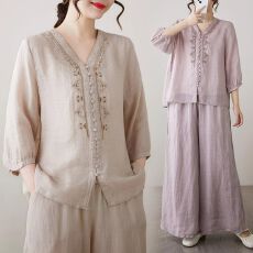 批发洋气时尚休闲套<b class='q'>装</b>女士夏季<b class='q'>新款</b>妈妈<b class='q'>装</b>夏季<b class='q'>套装</b>棉麻阔腿<b class='q'>裤</b><b class='q'>两件套</b>潮